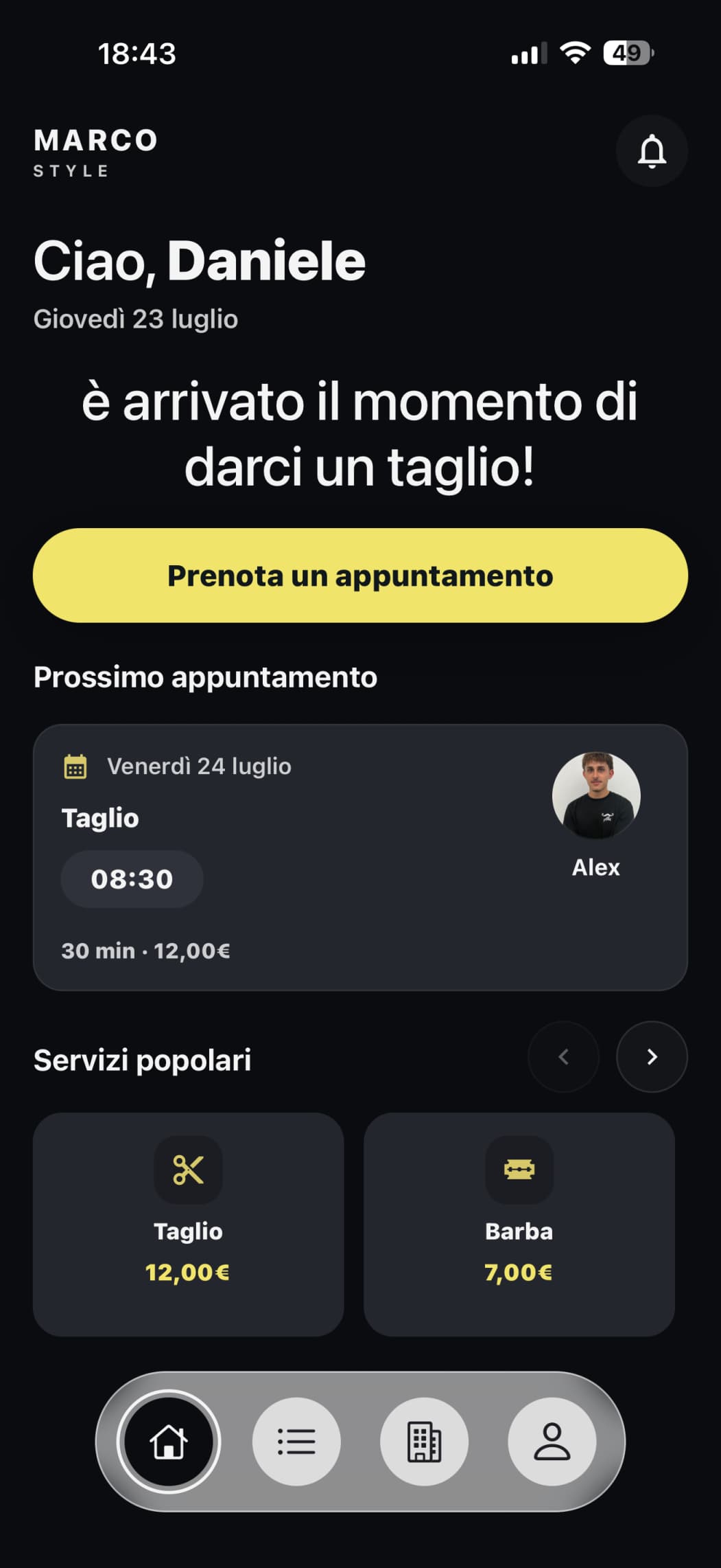 Schermata dell’app di prenotazione del barbershop: scelta del servizio e dell’orario