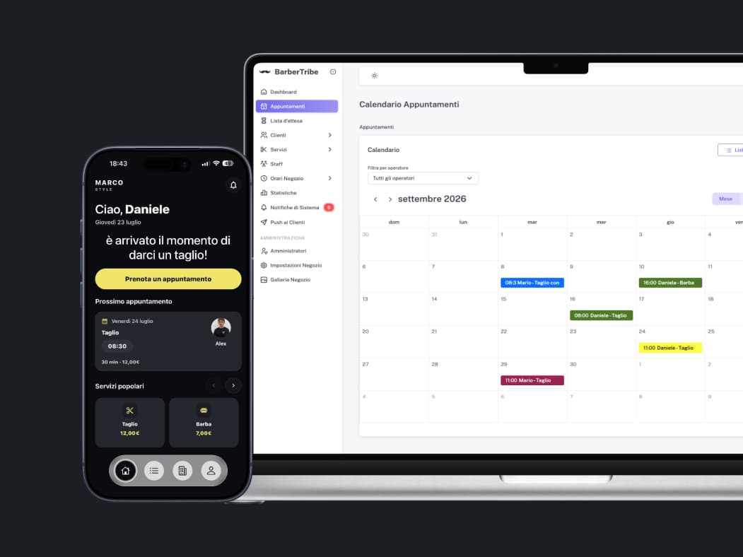 Gestionale BarberTribe sul computer e app di prenotazione del barbershop sullo smartphone